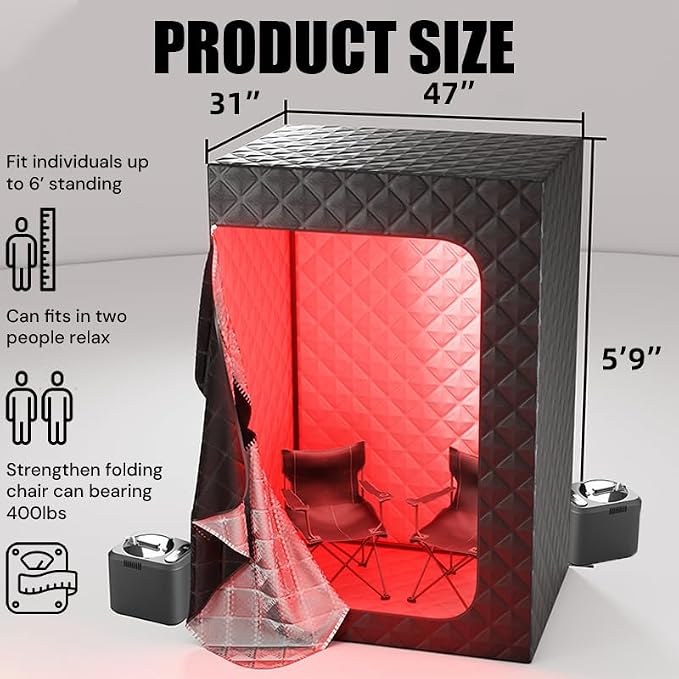 2 Person Portable Steam Sauna for Home with Two Red Light Therapy Panels Full Body Home Spa (Black)