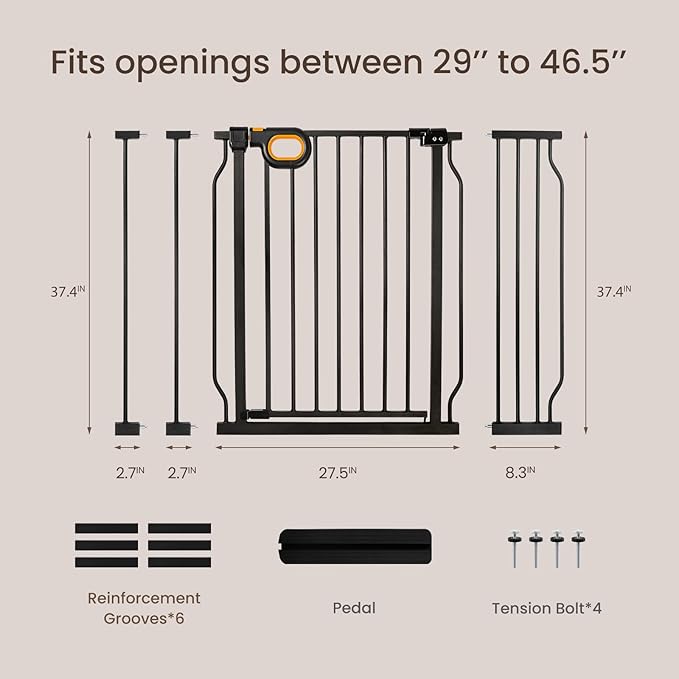 37.4" Tall Retractable Baby Gates, 29-46.5 Inch Wide Auto Close Cat Baby Gates for Stairs & Doorways, Easy Install Pressure Mounted Pet Dog Gate with Double Locking Safety Release, Black