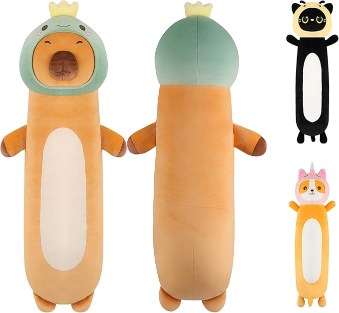 36 inch Extra Capybara Plush Long Pillow Toy Soft Stuffed Animal with Cute Dinosaur, Large Cuddle Sleeping Body Capybara Brown Big Plushies Gifts for Kids Boys Girls, Birthday