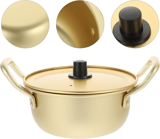 Korean Ramen Pot with Lid 16cm Yellow Aluminum Small Soup Pot Double Handle for Instant Noodles and Kitchen Use