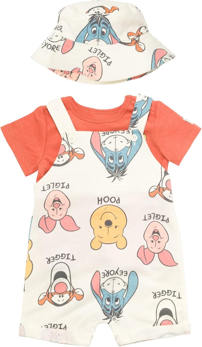 Disney Winnie the Pooh Baby Short Overalls, T-Shirt & Hat 3 Piece Outfit Set Newborn to Infant Sizes (0-24 Months)