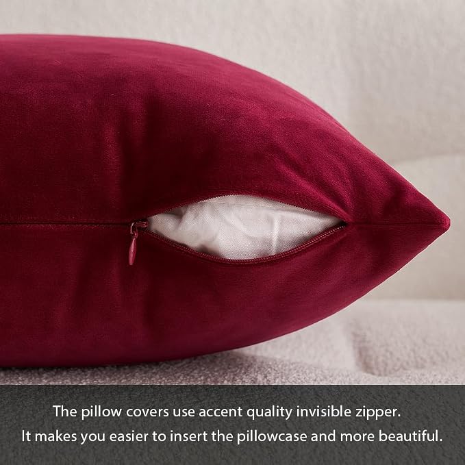 MIULEE 24x24 Inch Pack of 2 Euro Velvet Throw Pillow Covers Wine Red | Soft Solid Decorative Euro Sham, Modern Luxury Home Decor, for King Bed Sofa Couch Bedroom Livingroom