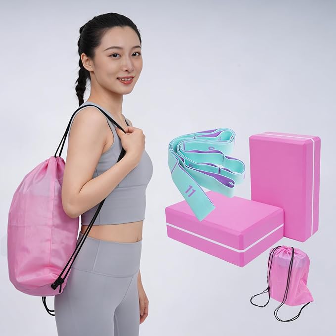 2 Pack Yoga Blocks 350g High Density, Non-Slip EVA Foam Brick with Bonus 11 loops Yoga Strap & Carry Bag, Pilates Block Set for Balance, Flexibility, Meditation, Home Gym & Studio