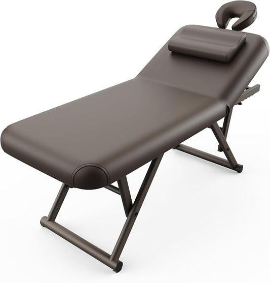 pouseayar Adjustable Massage Table with Face Pillow & Headrest, Sturdy and Solid, Silent and Easy to Adjust - Adjustable Backrest, Brown