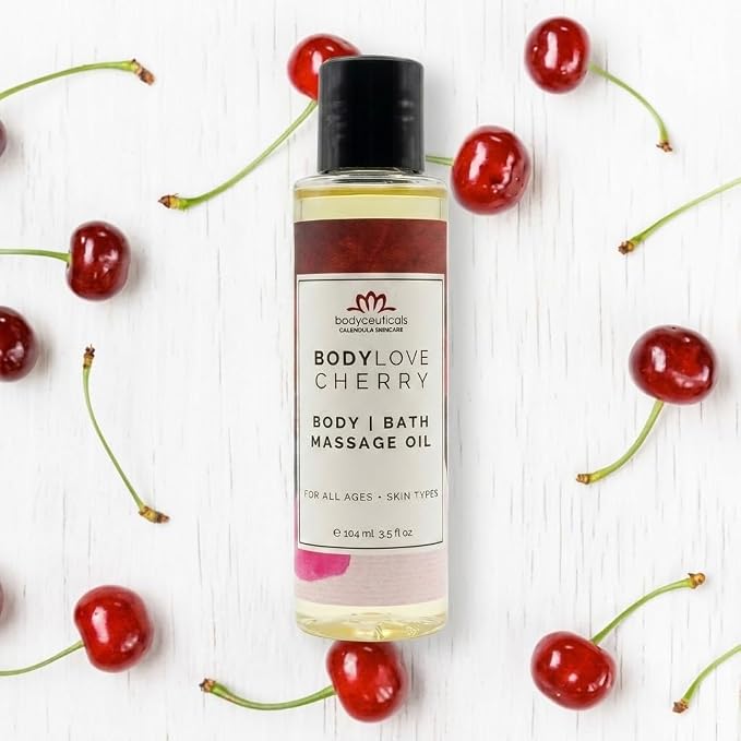 Cherry BodyLove Massage Oil – 100% Food-Grade, Organic Hydrating Body Oil with Calendula – Non-GMO, Vegan, Gentle on Sensitive Skin – 3.5 oz