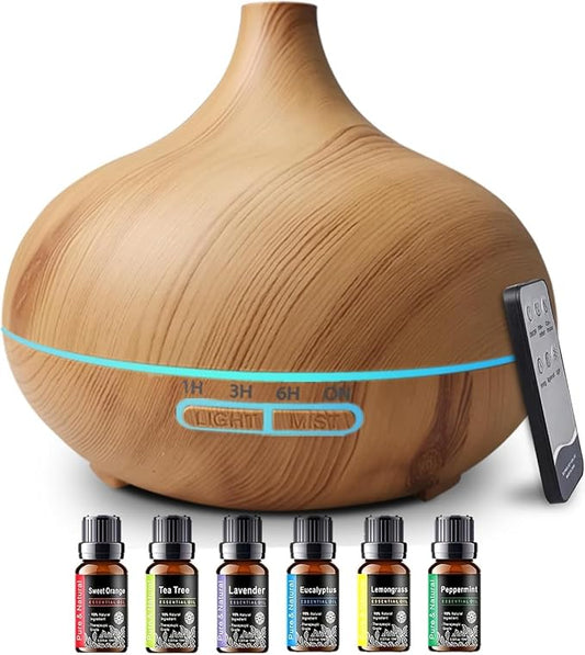 550ml Large Capacity Essential Oil Diffuser with 6 Essential Oil Set, Remote Control Ultrasonic Diffuser,Humidifier for Home Decor,7 Color LED Light with Waterless Auto-Off (Light)
