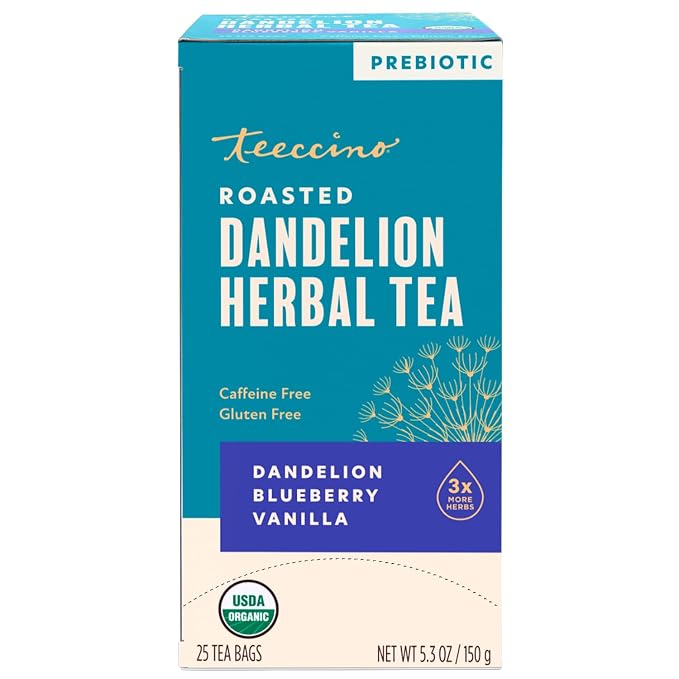 Teeccino Dandelion Blueberry Vanilla Herbal Tea - 25 Tea Bags - Rich & Roasted Herbal Tea That’s Caffeine Free & Prebiotic for Natural Energy, Coffee Alternative