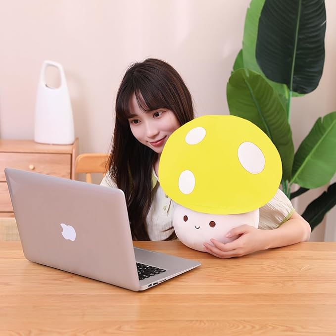 Cute Yellow Mushroom Plush Pillow, 3D Soft Mushroom Plushie Hugging Pillow Gift for Girls Kids Home Decor Christmas Birthday, 25cm