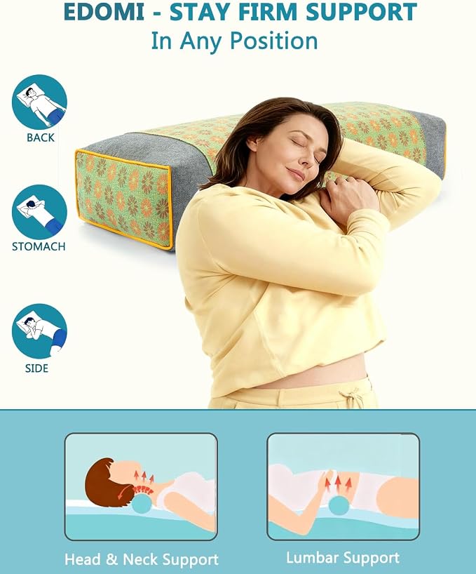 Rectangular Buckwheat Neck Pillows,19.6"x9.8" Flat Cervical Support Pillows for Sleeping, Adjustable Buckwheat Hull Filling for Neck Pain Relief, with Floral Pattern Washable Covers,Green