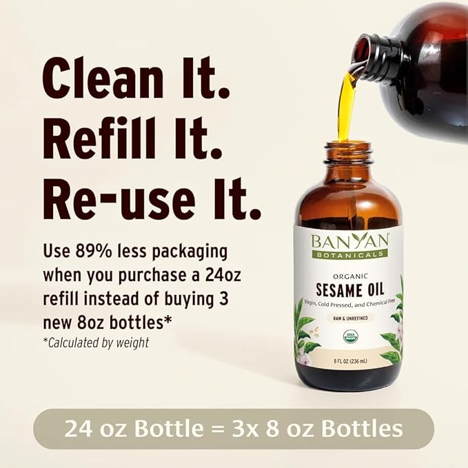 Banyan Botanicals Organic Unrefined Sesame Oil – Rich & Warming Ayurvedic Massage Oil for Body & Scalp – Traditional Abhyanga Oil for Deep Tissue Grounding & Recovery – 24 oz – USDA Organic