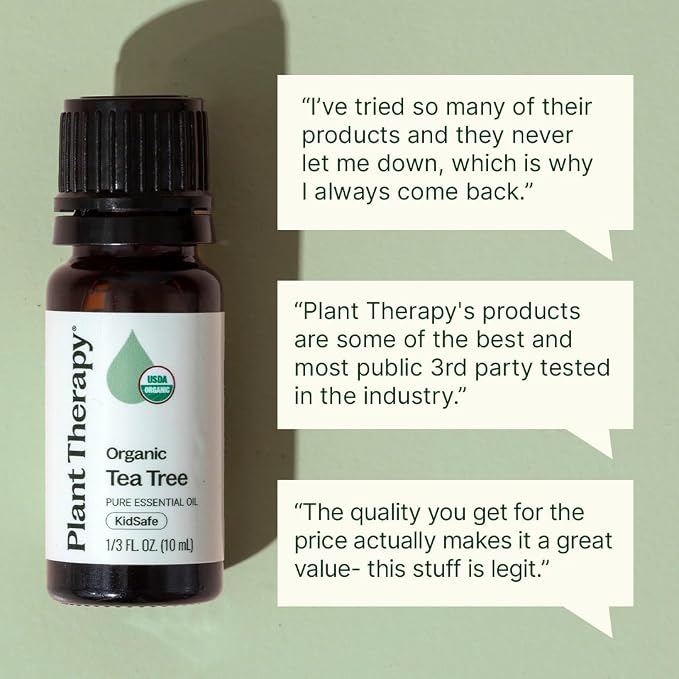 Plant Therapy Organic Tea Tree Oil (Melaleuca) 100% Pure, USDA Certified Organic, Undiluted, Natural Aromatherapy for Skin, Hair, and Toenails, Therapeutic Grade 10 mL (1/3 oz)