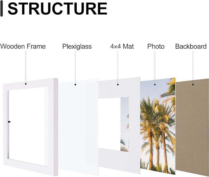 Vittanly 8x8 Picture Frames Set of 9 for Wall or Tabletop Display, White | Display Pictures 4x4 with Mat or 8x8 without Mat for Wall Mounting, Square Photo Frames for Home Decor, Engineered Wood
