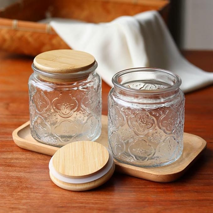Set of 4 Vintage Glass Airtight Storage Jars, 17 FL OZ Glass Storage Containers with Bamboo Lids, Canning Jar for Kitchen Counter, Pantry, Cookie, Coffee, Tea, Sugar, Cute Jars | Glass Food Storage Containers for Coffee, Tea, Sugar, Candy, Cookie, Over...