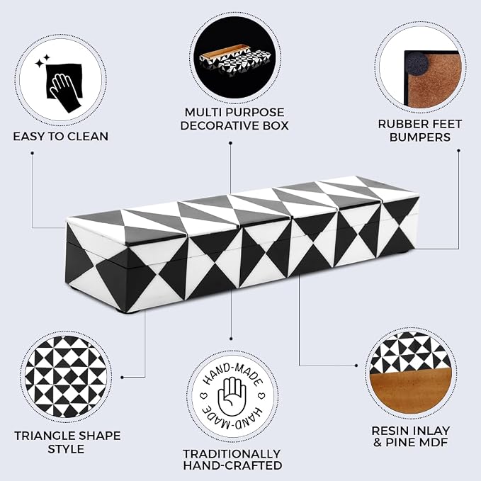 Handicrafts Home Decorative Storage Box with Lid, Black and White Decorative Remote Control Box, Slim Coffee Table Storage Box, Decorative Box for Shelf, Desk & Living Room Decor, 10 x 2.5 x 1.5