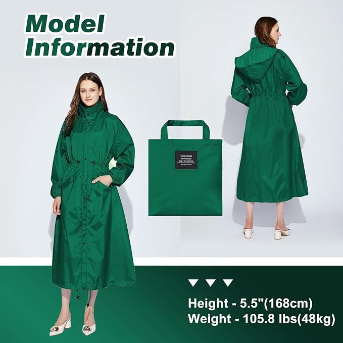 LAMA Womens Long Raincoats Rain Jacket Waterproof Packable Hooded Windbreaker Lightweight Adjustable Waist for Outdoor