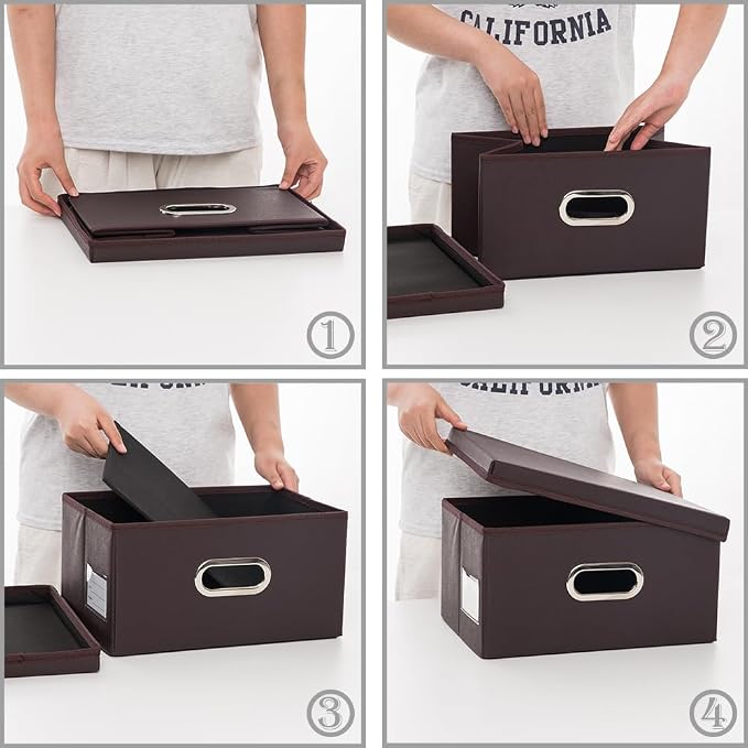 Collapsible Storage Box with Lid [3-Pack] Leather Fabric Foldable Storage Bin Organizer Container Basket Cube with Cover for Home Bedroom Closet Office Nursery Brown(13.6x9.6x6.9)