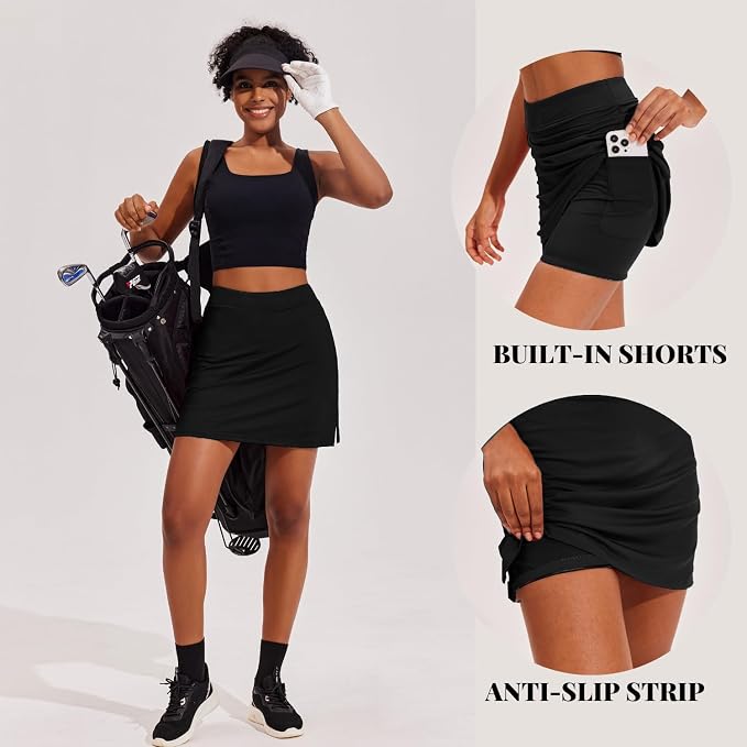 Ekouaer 16" Skorts for Women with Pockets Golf Pickleball Tennis Skirt | Silicone Grippers,2 Inner Pockets,Wide Waist,Side Slit Hem,Breathable,Soft,Lightweight