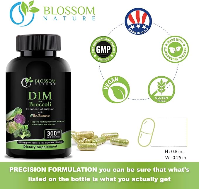 DIM Supplement 300mg with Broccoli 200mg BioPerine 10mg-Hormone and Estrogen Balance for Women & Men,Menopause Relief,PMS Support,Hormonal Acne Treatment-120 Caps,Diindolylmethane 150mg per Cap