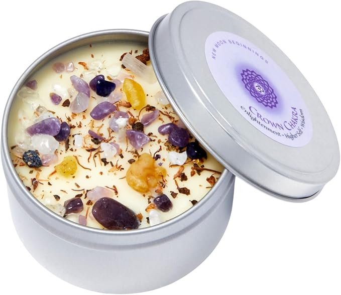 Crown Chakra Candle by New Moon Beginnings - Chakra Candles - Dried Flower, Herb, & Crystal Candles - Aromatherapy Candles - Soy Candle - 8oz Tin