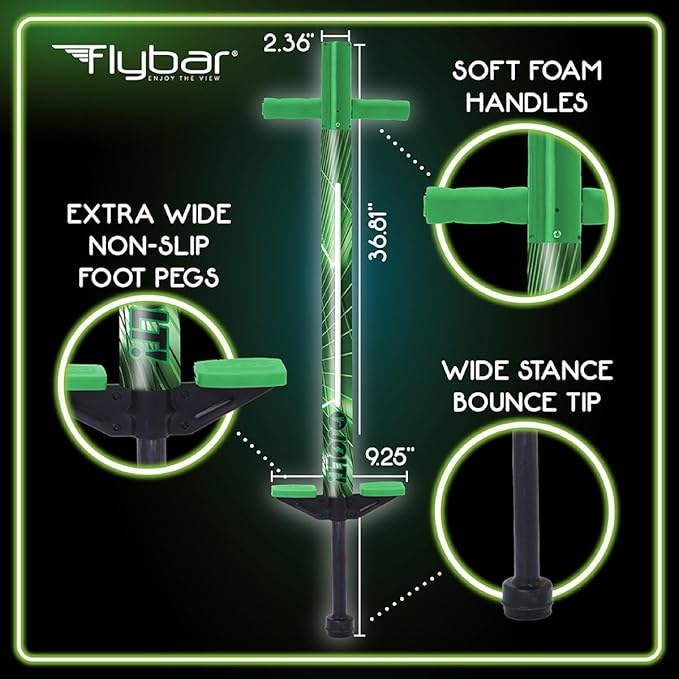 Flybar Jolt Pogo Stick for Kids, Perfect for Beginners w/Foam-Covered Metal Frame, Handles & Padding, Non-Slip Foot Pads, Wide Tip, Outdoor Active Play Toy for Boys & Girls, Ages 6+, Lime Leaper LED
