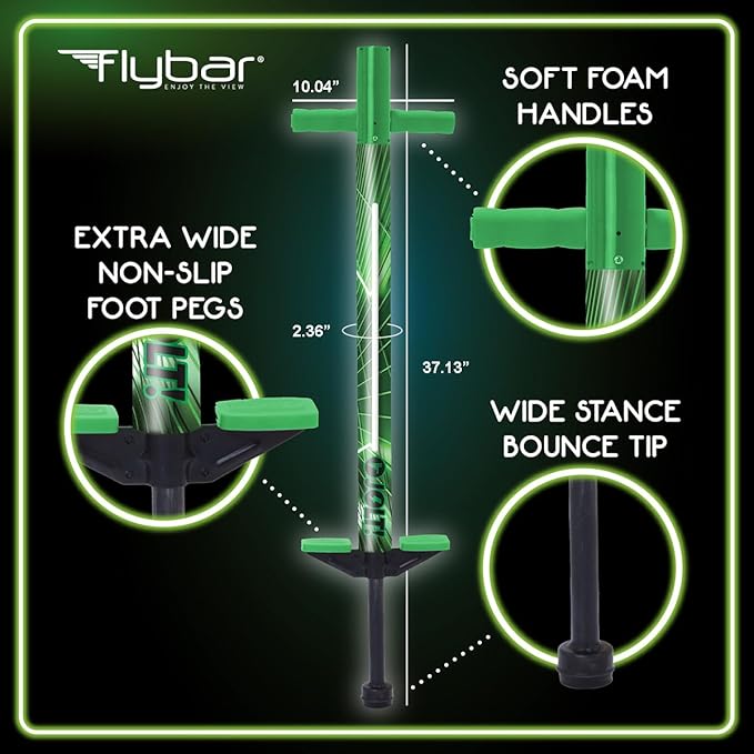 Flybar Jolt Pogo Stick for Kids, Perfect for Beginners w/Foam-Covered Metal Frame, Handles & Padding, Non-Slip Foot Pads, Wide Tip, Outdoor Active Play Toy for Boys & Girls, Ages 6+, Lime Leaper LED