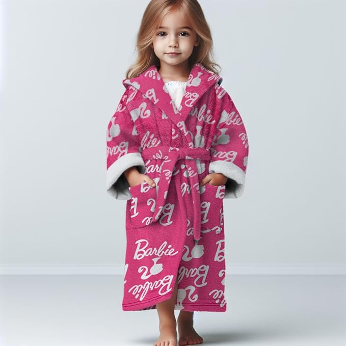 Barbie Girls Fleece Kids Hooded Robe - Super Soft Plush Kids Spa Bathrobe with Pockets, Girls Sizes 4-10 - Official Product
