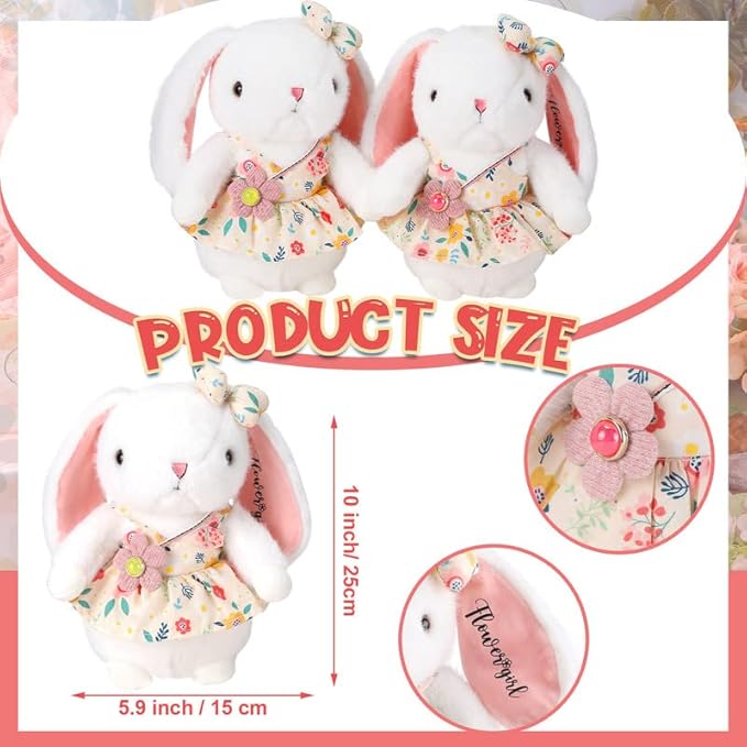 Meooeck Flower Girl Stuffed Animal Bunny Plush Toy with Embroidered Flower 10" Cute Bunny Doll Bride Gifts for Wedding Party Proposal Decorations (2 Pcs)