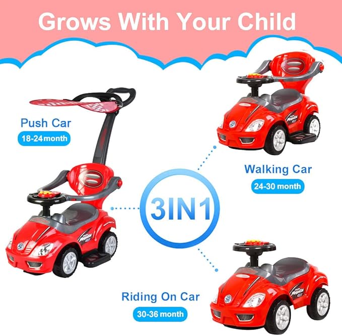 ChromeWheels 3 in 1 Ride on Toys Pushing Car with Removable Sun Visor, Mega Car for Toddlers w/Handle & Horn & Music, Color Red