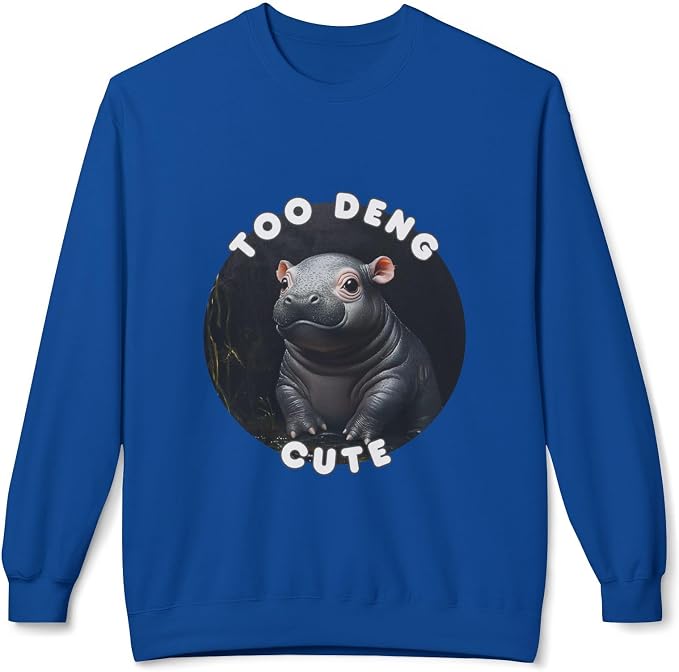 Unisex Fleece Crewneck Sweatshirt - Too Deng Cute Moo Deng Hippo, Cozy Cotton Blend, Classic Relaxed Fit