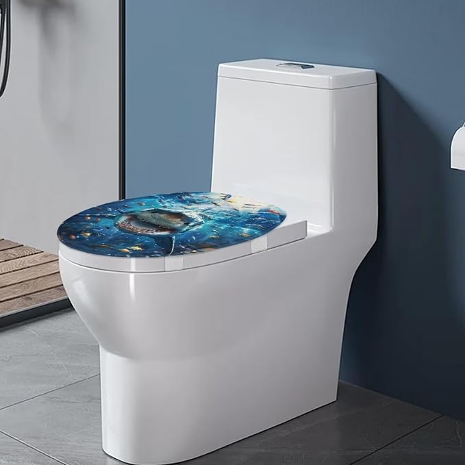 Ocean Shark Oblong Toilet Seat Cover Elongated Toilet Seat Cover Soft Toilet Seat Cover Machine Washable Blue Toilet Cover Seat Bathroom Decoration