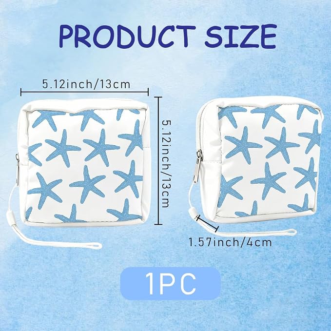 Starfish Period Bag Pouch 5.12 x 5.12 x 1.57 Inch Sanitary Napkin Storage Bag with Zipper Portable Reusable Waterproof Polyester Menstrual Pad Pouch First Period Gifts for Women Daily Use