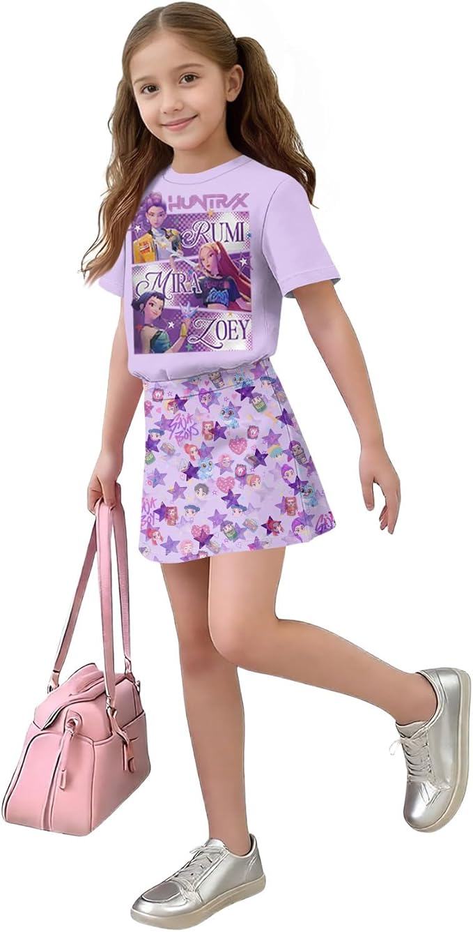 HTHLVMD K Pop Short Sleeve T-Shirt and Skirts Outfits Set for Girls Hunters Rumi Mira Zoey Graphic Tees De-Mon Costume