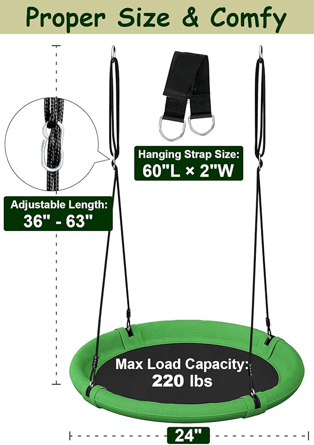 24 Inch Saucer Tree Swing Set for Kids & Adults, Adjustable Swing Sets for Backyard or Outdoor Playground, Green & Black, 1 Pack