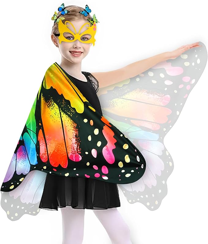 Kids Butterfly Wings Costume for Girls Fairy-Wings Mask Party Favors Gifts (Rainbow sets)