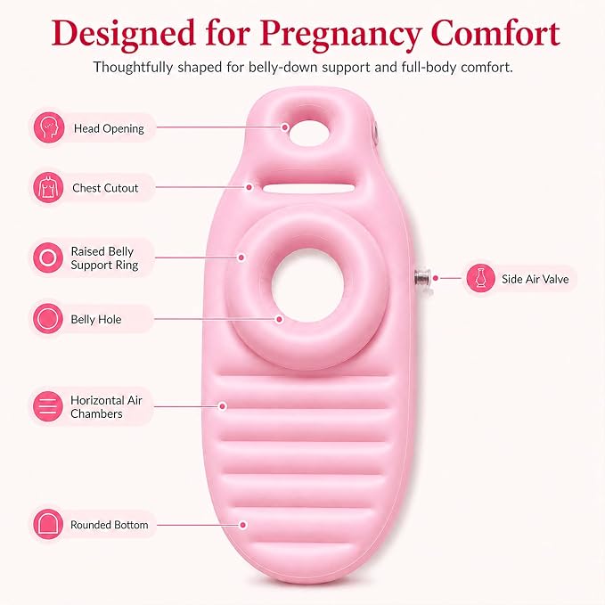 Inflatable Pregnancy Pillow, Full Body Ergonomic Maternity Air Bed with Belly Space for Prone Comfort & Better Sleep, Back & Hip Relief, Ideal for Bedroom, Living Room, Pool, Massage & Spa (Pink)