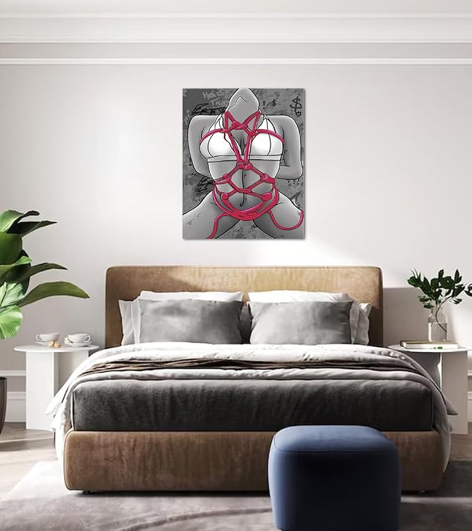 Yeesjoee Sexy Woman Nude Pink String Canvas Wall Art, Graffiti Text Body Line Art Printing with Straps Bikini Pictures, Modern Abstract Artwork Decor for Bathroom Personalized Space, 18x24 in Framed