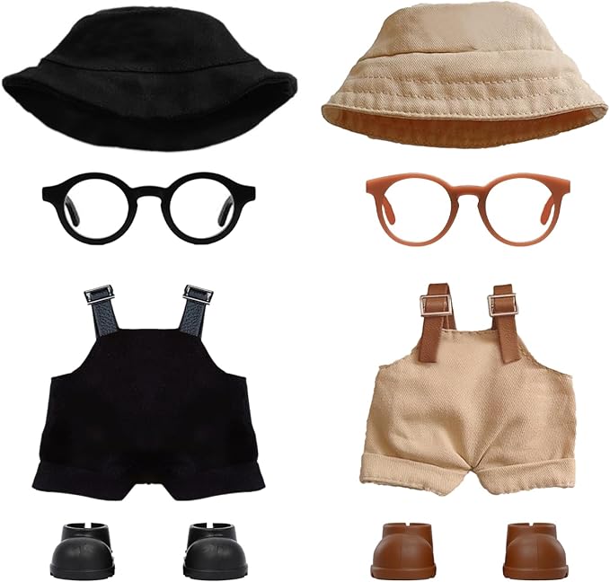 2PCS Doll Clothes Set for 17cm Dolls – Stylish Outfit with 2 Hat, 2 Overalls, 2 Shoes & 2 Glasses of Clothes Designer, Cute Clothes for Dress up Unique Style (Black+Brown) (Doll Not Included)