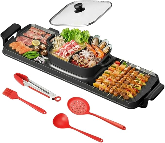 2250W Electric Grill and Hot Pot Combo, 29 x 9.5 Inch Smokeless Indoor BBQ Grill with Easy to Clean, Dual Zone Temperature Control, Includes Food Tongs, Oil Brush, Soup Spoon, Strainer Black