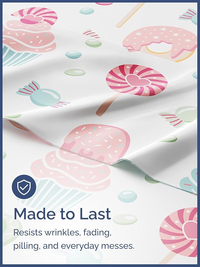Kids Queen Size Bed Sheet Set - 4 Piece Kids Loft Bed Sheets - Sweets Cupcake Pattern Bedding - Soft, Cute and Cozy - Breathable & Machine Washable - Lollipop Bed Set for Boys, Girls, Teens & Toddlers