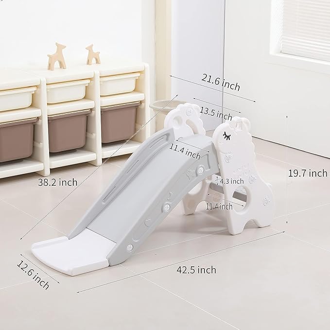 Toddler Slide for Kids Indoor Baby with Climber Ball Pit Slide in Pearl White Kids Indoor Freestanding Playset with Basketball Hoop