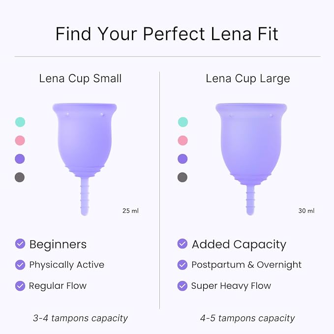 Lena Menstrual Cups Original 2-Pack Set (Small & Large) Soft Medical-Grade Silicone Period Cups for Women Heavy Flow, Reusable 12-Hour Leak-Free Comfort, Feminine Care, Purple and Turquoise