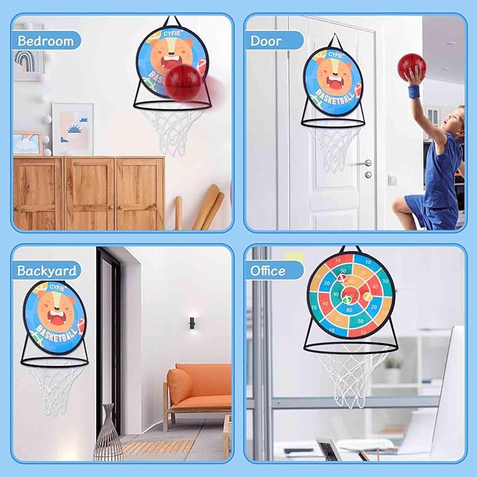 2 in 1 Basketball Hoop and Dart Board，Double Sided 14" Dart Board，Basketball Hoop for Kid Toddlers, Sports & Outdoor Games Toys，Birthday Gift Toys for 3 4 5 6 7 8 9 10 Years Old Boys Girls Kids Party