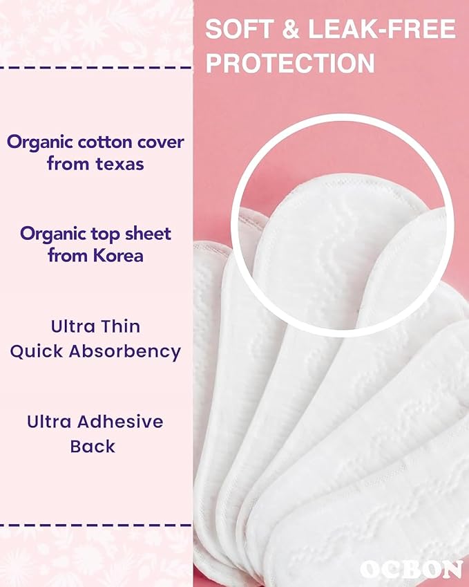 OCBON Ultra Thin Sanitary Pantyliners (Regular, 6.1 inch, 40 Counts) - Ultra Thin, Unscented 100% Organic Cotton Panty Liners for Women. Chemical-Free, Extra Soft, Ideal for Sensitive Skin