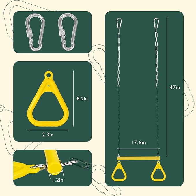 LadyRosian 17" Gym Trapeze Swing Bar Rings 47" Heavy Duty Chain Swing Set Accessories with Locking Carabiners Plastic Coated Chains Monkey Bars for Backyard, Playroom (Yellow)