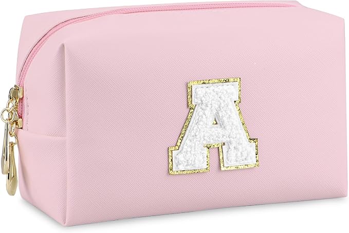 Initial Makeup Bag, Personalized Preppy Letter Monogram Cosmetic Bag | Waterproof PU Material, Compact Size, Large Capacity 7.09 x 2.95 x 3.94 in, Surprise Gift for Daughters and Teens