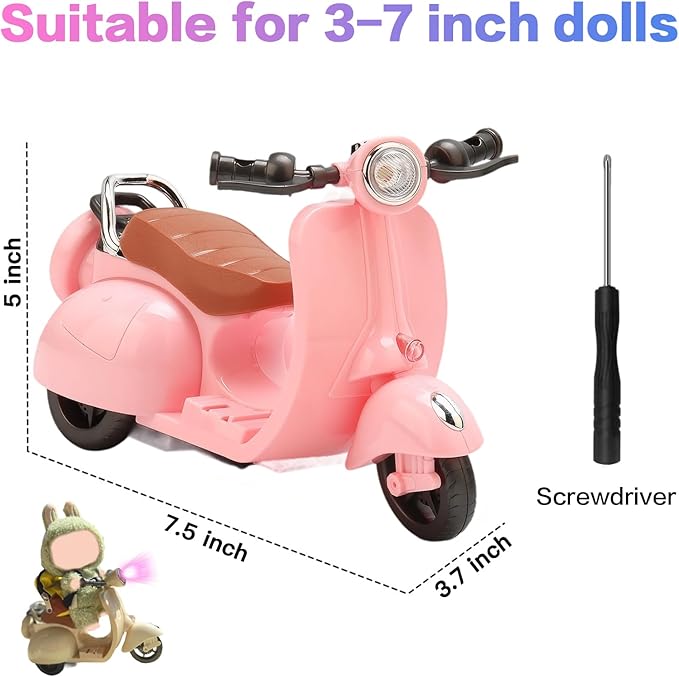Scooter for Dolls Accessories, Cute Light-Up and Musical Seat with 360° Rotation, Cute Motorcycle for Dolls– Perfect for Doll Collectors, Batteries Not Included (Pink)