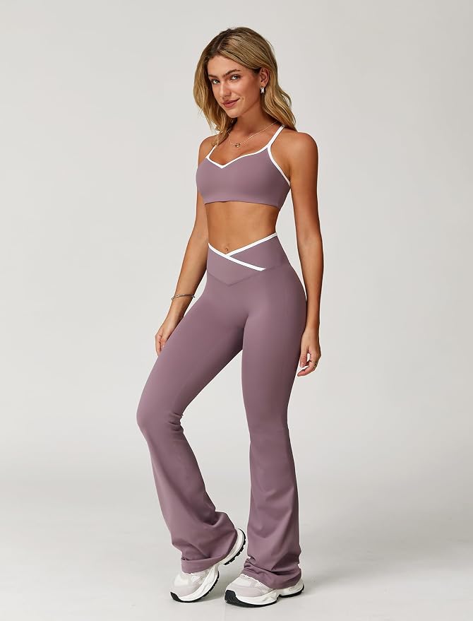 ABOCIW Workout Sets for Women 2 Piece Color Block Strappy Sports Bra High Waist Shorts Gym Yoga Pilates Outfits