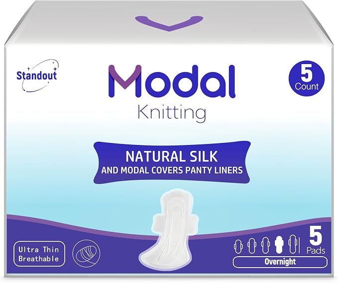 Modal Sanitary Pads for Women, Natural Silk and Modal Cover-Heavy Absorbency, Ultra Thin Breathable Pads with Wings, Unscented Sanitary Napkins(Overnight,14.1 Inch, 5 Count,Packaging May Vary)