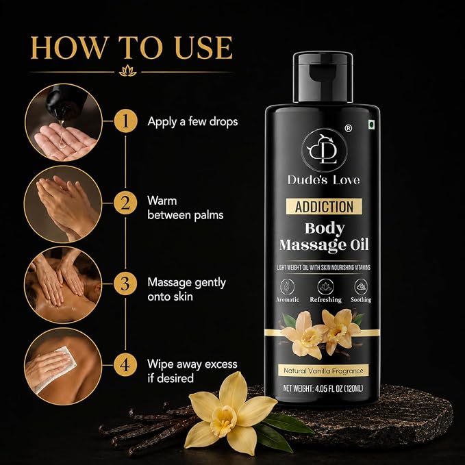 Dude's Love Vanilla Body Massage Oil Organic Non-Sticky Formula with Fractionated Coconut Oil, Vanilla & Jasmine Oil -Light Moisturizing Massage Therapy - 4.05 Fl Oz