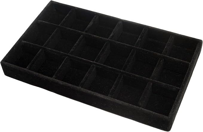 Velvet Jewelry Organizer Tray, Black 18 Grids | Stackable Jewelry Storage Display Tray with Removable Dividers for Drawer Dresser Cloest Organizer